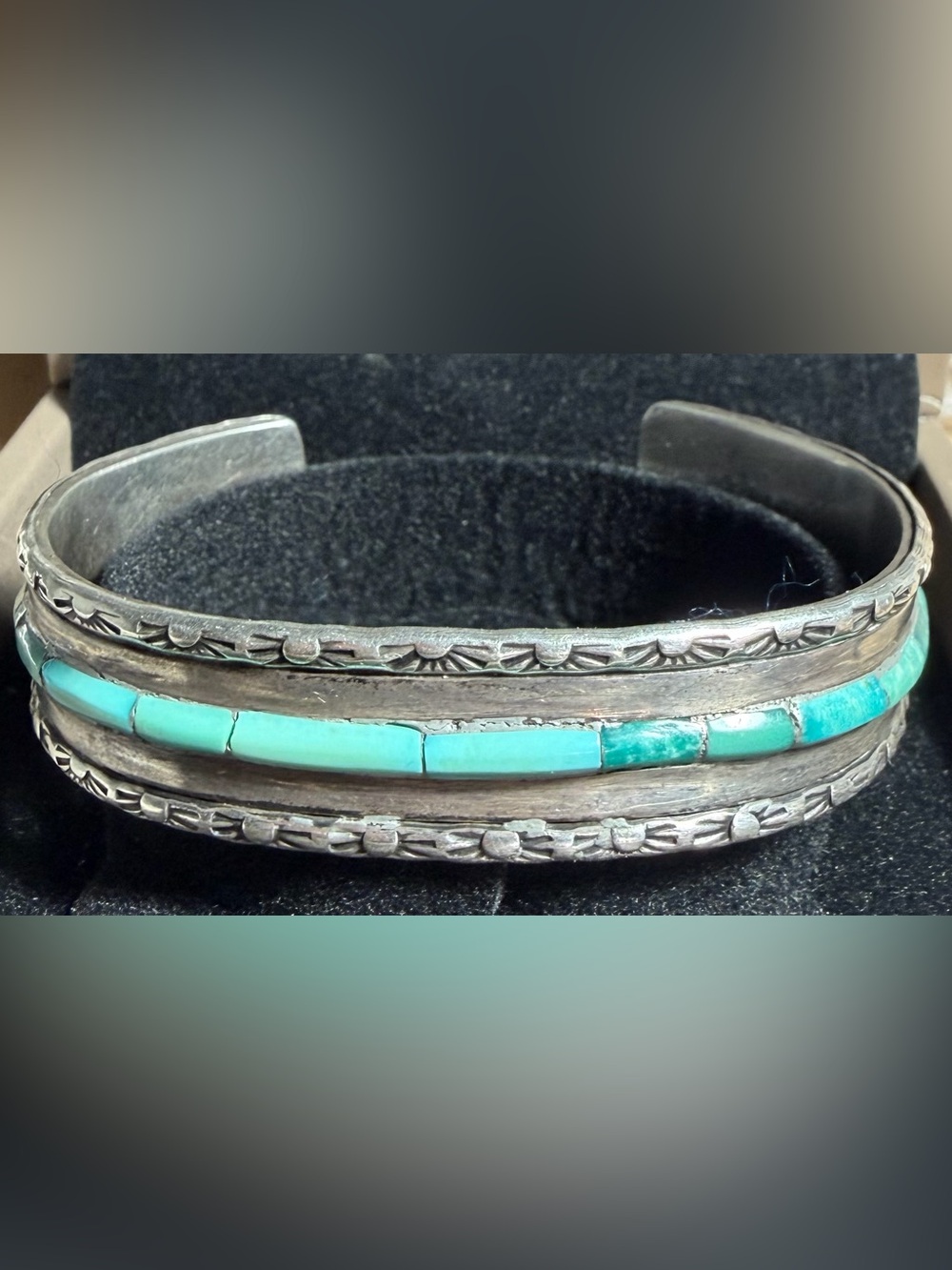 Vintage Zuni C. CHEAMA Turquoise Channel Inlay Sterling Silver Cuff 33.52g